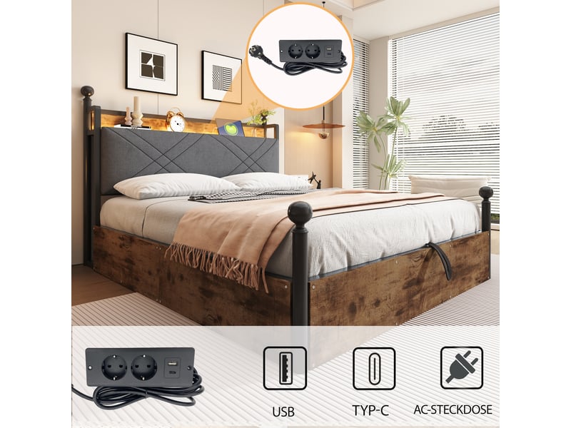  Lit baldaquin 140x190 cm fer forgé noir avec led usb-c et coffre  - Conforama E