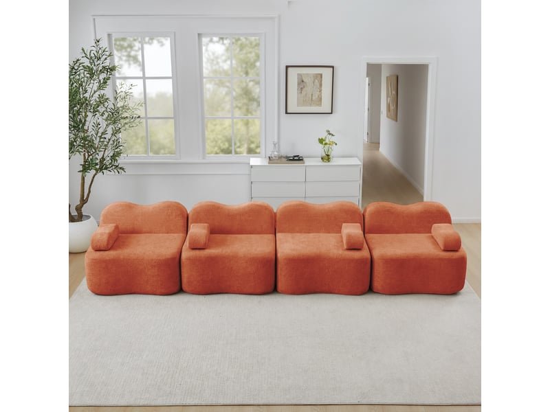  Canapé 4 places - 384x98x70 cm - canapé droit modulable velours, mousse 32d, sans structure rigide et coussins amovibles - orange  - Conforama B