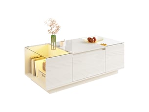 Table basse 105x50x35 cm, 2 tiroirs, grand rangement, éclairage led, plateau verre, style scandinave pour salon et séjour - blanc