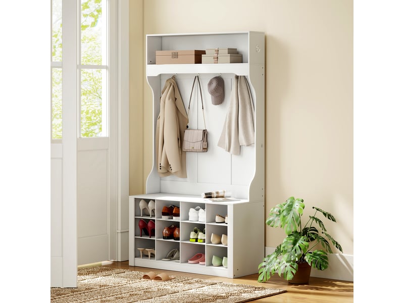  Porte-manteau 4-en-1 avec banc, banc d'entrée avec 12 compartiments à chaussures, blanc, 6 crochets et étagère ouverte  - Conforama W