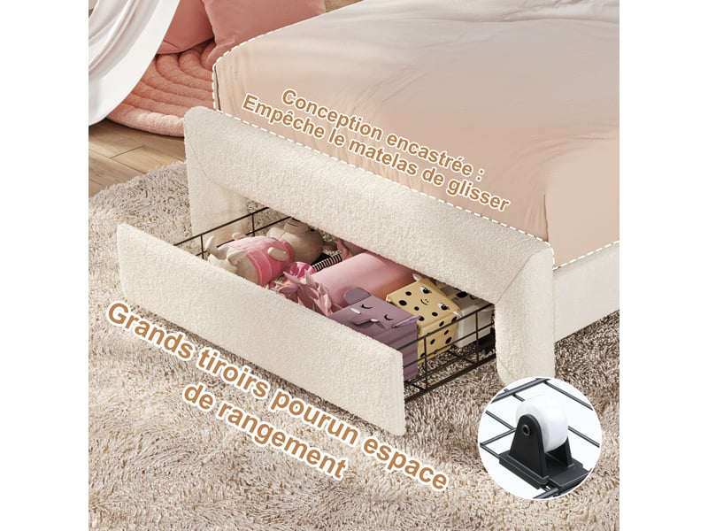 Lit enfant 90x200 cm en teddy bouclé beige - tête de lit en forme de mouton - led 7 couleurs avec application et télécommande - grand tiroir de rangement intégré - sommier à lattes en bois inclus - lit 1 place pour fille, garçon… - Conforama C