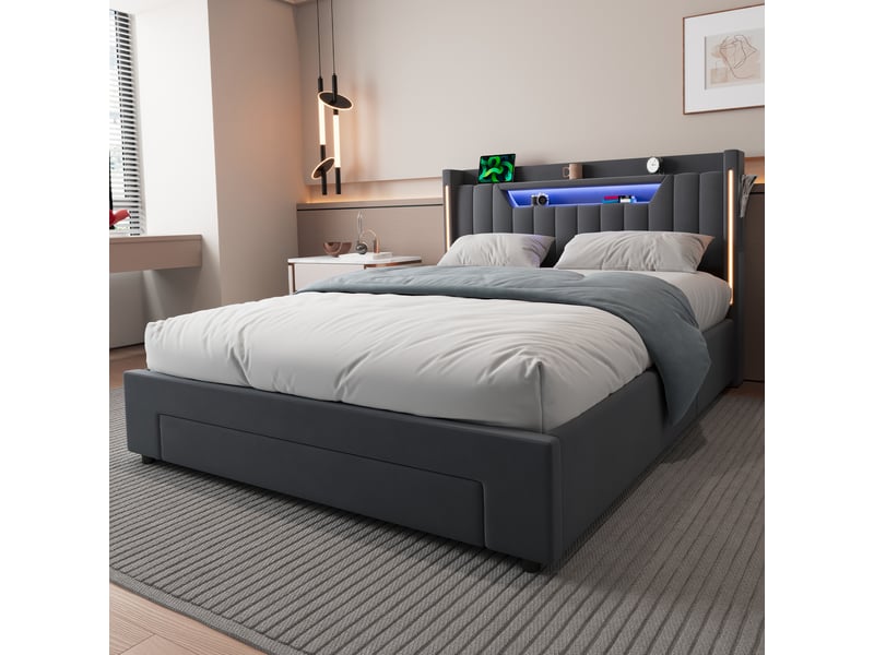  Lit rembourré 140 × 200 cm 2 places avec matelas et poches latérales, lit pour enfant avec tiroirs et éclairage led, lit fonctionnel avec coffre de rangement, gris  - Conforama C