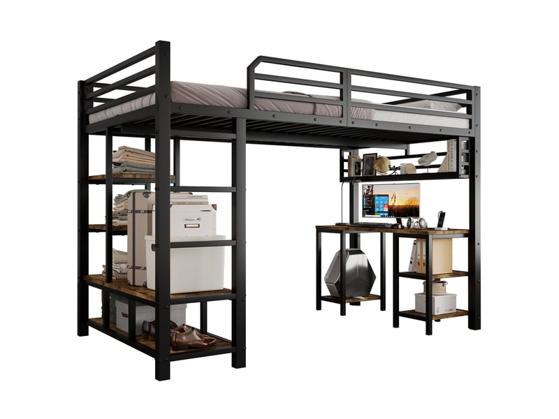 Lit mezzanine enfant 120 x 200 cm avec bureau intégré, étagère de rangement, échelle 4 marches, sommier à lattes, métal noir et effet bois foncé  - Conforama A