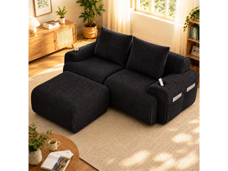 Canapé modulable, canapé de salon, noir, porte-gobelets, mobilier pour espace de vie, en velours tricoté  - Conforama A