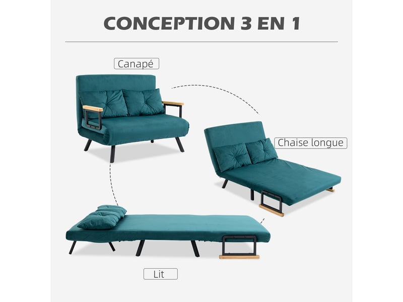 Canapé convertible 2 places avec dossier réglable à 5 niveaux et 2 coussins rembourrés, revêtement velours, vert canard - Conforama D