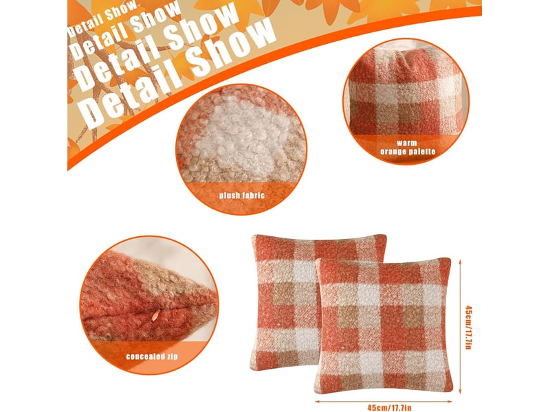  Lot de 2 housses de coussin d'automne - 45 x 45 cm - orange à carreaux - décoration halloween - coussin fait main avec effet - en peluche  - Conforama B