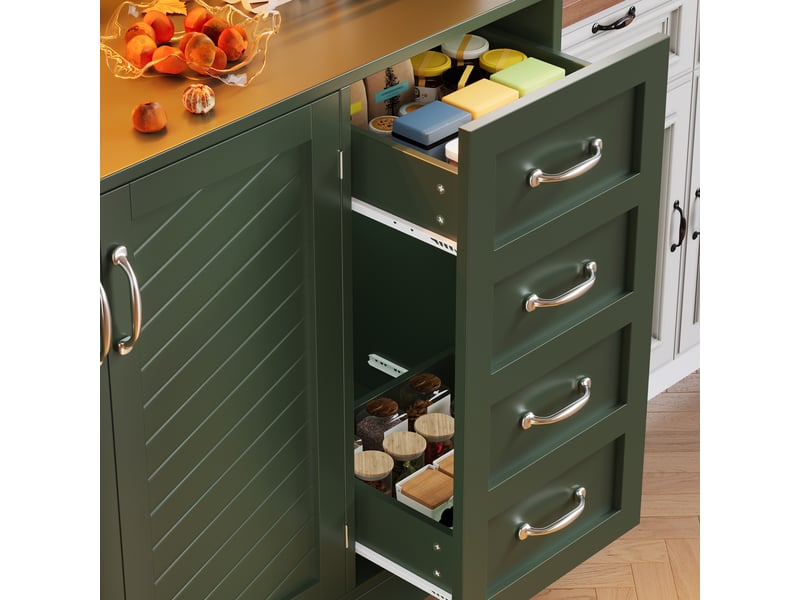  Buffet de cuisine vert en mdf avec led, 4 portes, 2 grands tiroirs et porte-verres, rangement spacieux  - Conforama D