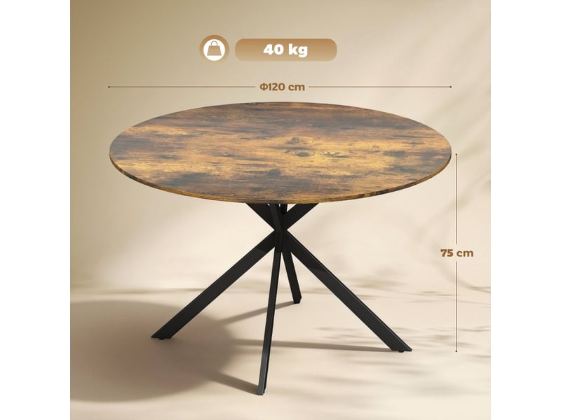  Table de salle à manger pour 4 personnes avec pieds en acier croisés, marron rustique, diamètre 120 cm  - Conforama D