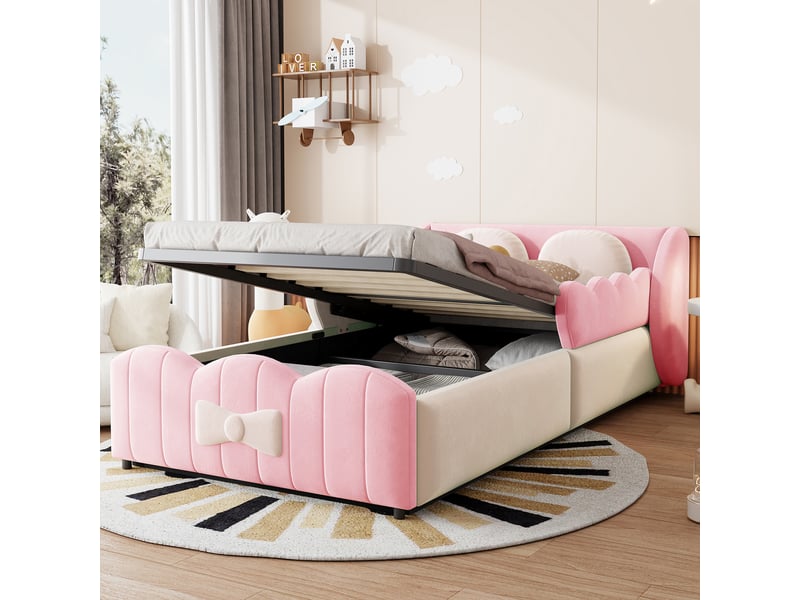  Lit enfant rembourré 90x200 cm en velours avec lit coffre hydraulique, tête de lit design, cadre capitonné - rose  - Conforama D