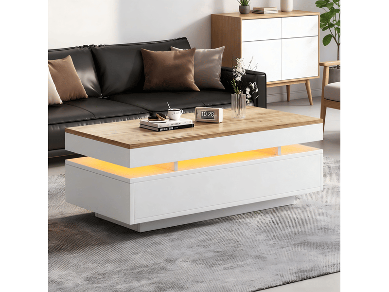  Table basse led 100 x 50 x 35 cm – blanc et bois – 2 tiroirs, rangement intégré, style moderne  - Conforama B