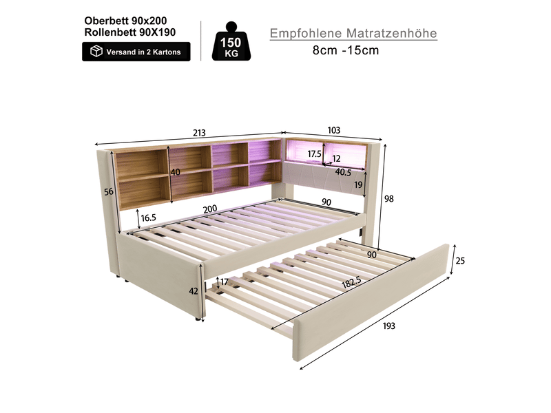  Lit banquette gigogne 90x200 cm en flanelle beige, led, prises et rangements, couchage 90x190 cm  - Conforama C