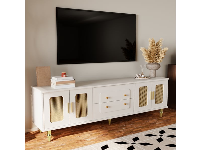  Meuble tv 175 x 38 x 55,5 cm, 4 portes effet cannage et tiroirs, poignées dorées, style rétro, blanc, en panneaux de particules, pour salon ABC - Conforama B