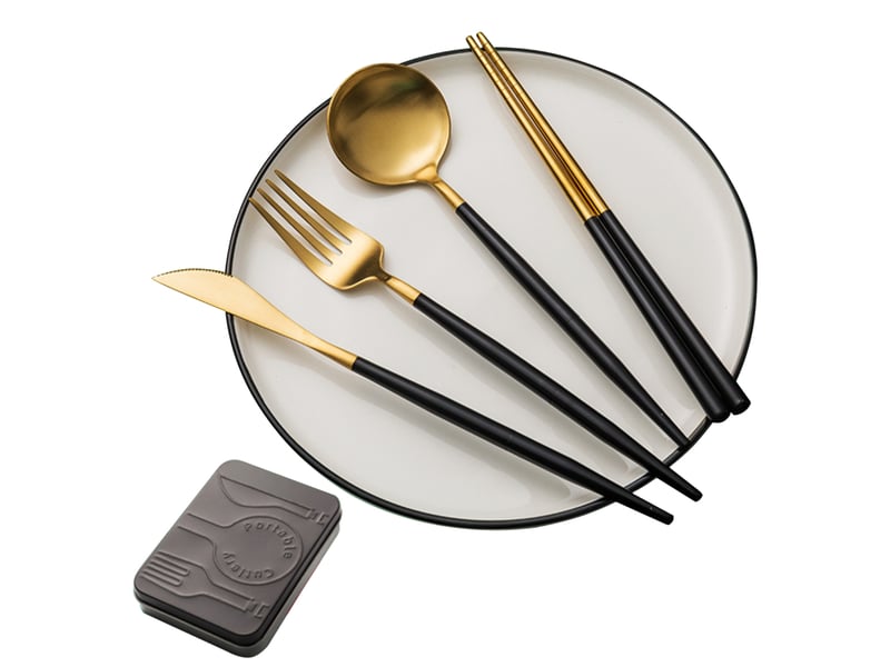  Ensemble de 4 couverts en acier inoxydable 304, détachables, portables réutilisables avec boîte, coupe-biscuits, cuillère, baguettes  - Conforama A