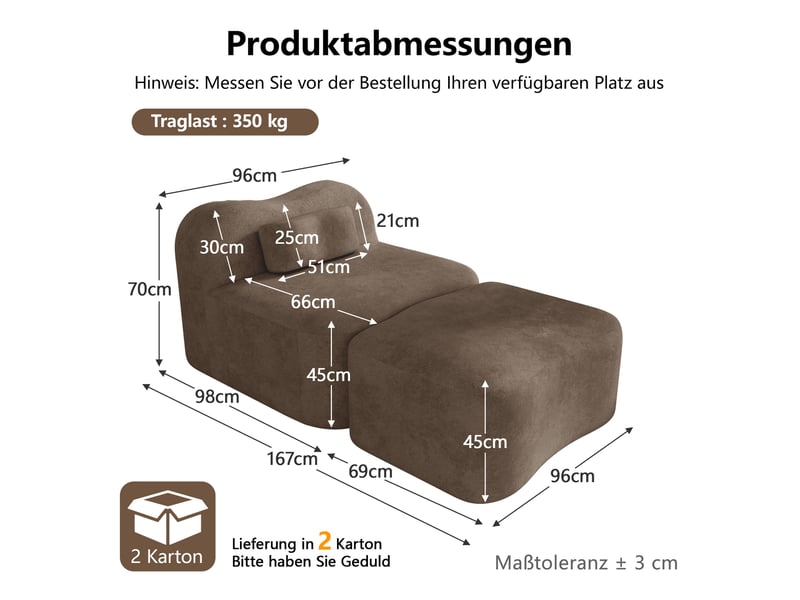 Canapé modulable 1 place modenvie avec pouf, design ondulé, coussin de dossier mobile, mousse haute densité 32d, velours marron, 96 x 167 x 70 cm - Conforama C
