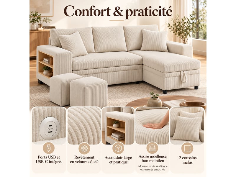  Canapé d'angle réversible convertible 3 places avec coffre, ports usb-c, étagères et 2 poufs, velours côtelé beige, 231 cm  - Conforama E