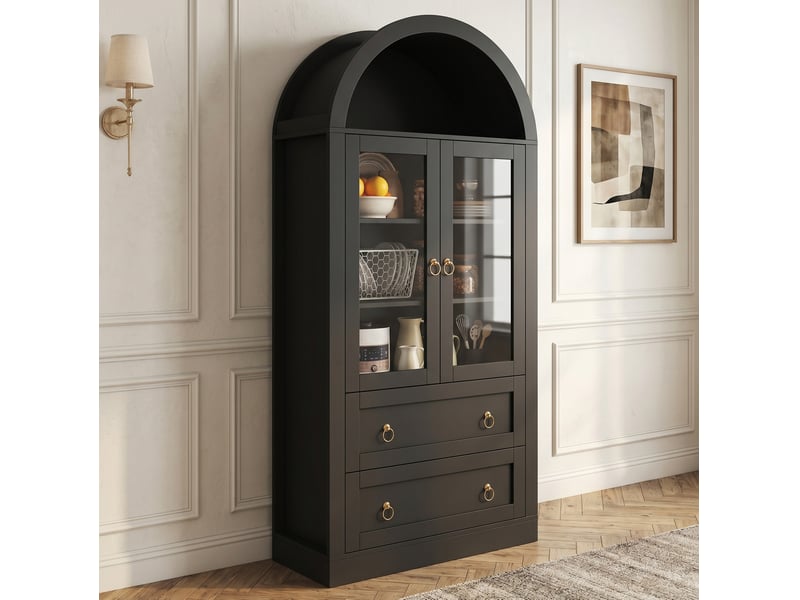  Armoire de rangement haute 80x36x170 cm avec portes vitrées et tiroirs noire  - Conforama E