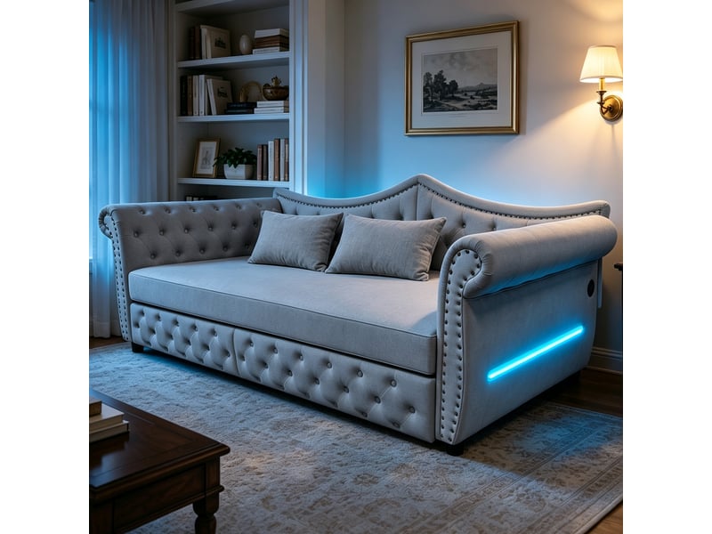  Canapé-lit 90 x 200 cm – avec 2 tiroirs – avec port de charge usb – gris (matelas non inclus)  - Conforama E