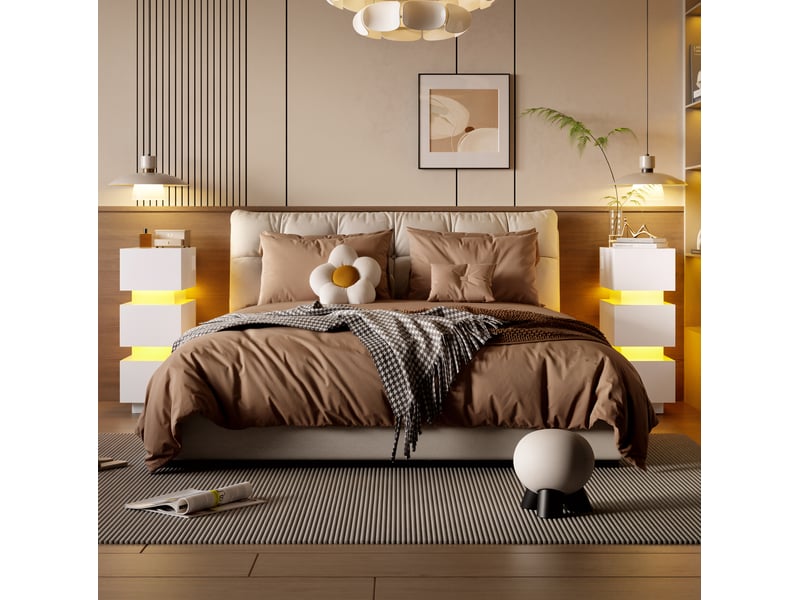  Lot de 2 tables de chevet blanches étroites avec led, usb et type-c, 3 tiroirs, 20 x 40 x 59,5 cm pour chambre  - Conforama E