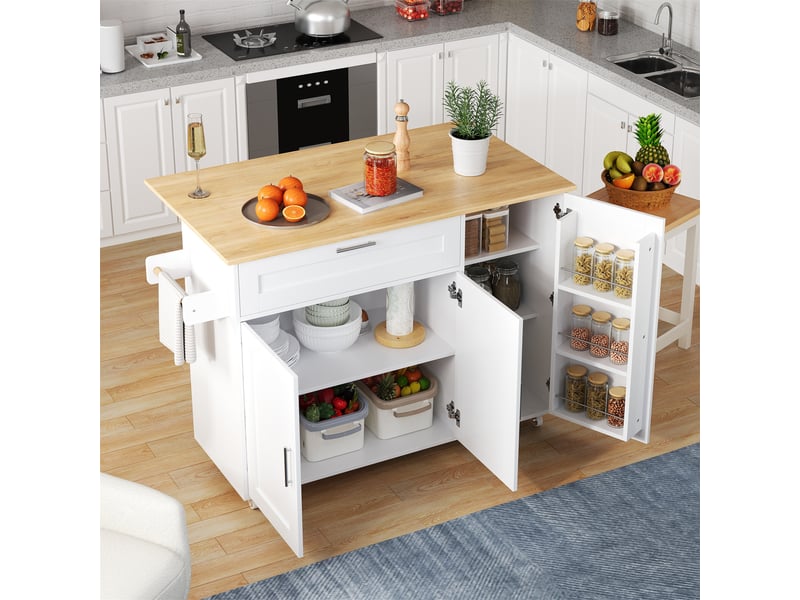  Desserte cuisine chêne 132,5 cm – plateau pliant, rangements, roulettes – meuble mobile, déstockage  - Conforama B