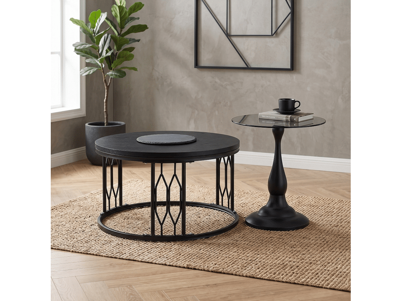  Table basse ronde 70x70x40,5 cm plateau aspect bois mdf et métal noire  - Conforama D