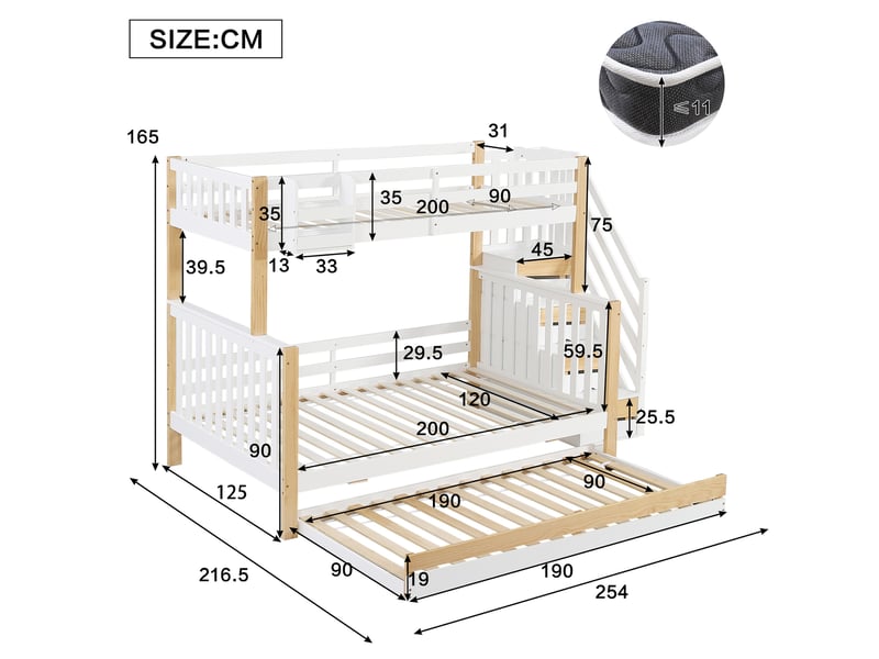  Lit superposé 254x216,5x165 cm avec lit tiroir, escalier de rangement, bois et mdf, blanc et naturel  - Conforama C