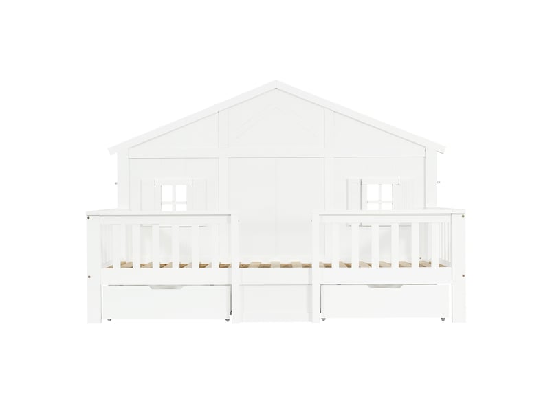  Lit cabane enfant 90x200cm, lit simple avec 2 tiroirs de rangement et fenêtre toit, bois de pin massif et mdf, blanc  - Conforama D