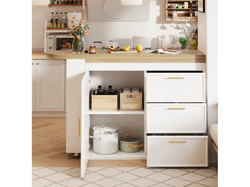  Table haute modenvie pivotante 360° avec 3 tiroirs, étagères réglables, anti-basculement, mdf et métal, blanche, 128-203 x 39 x 90 cm  - Conforama D