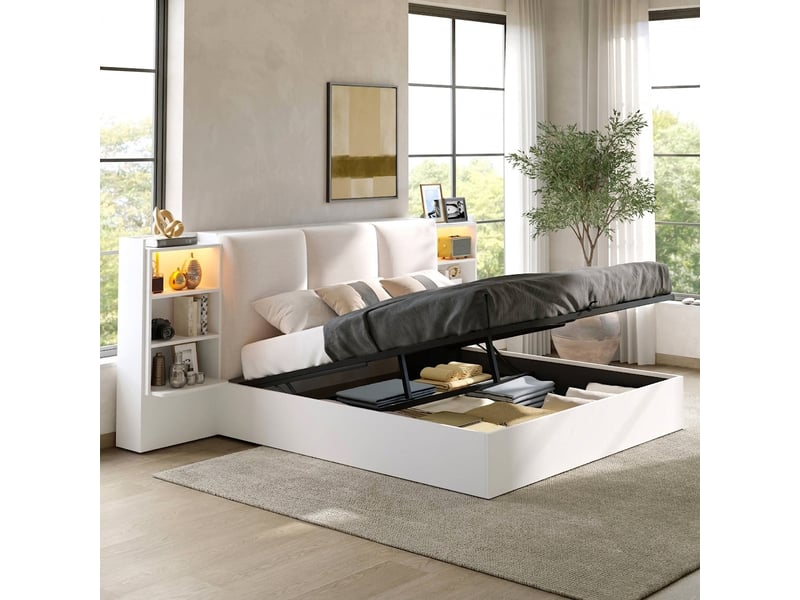  Lit coffre 180x200 avec rangement hydraulique, tête de lit capitonnée et éclairage led, blanc  - Conforama B