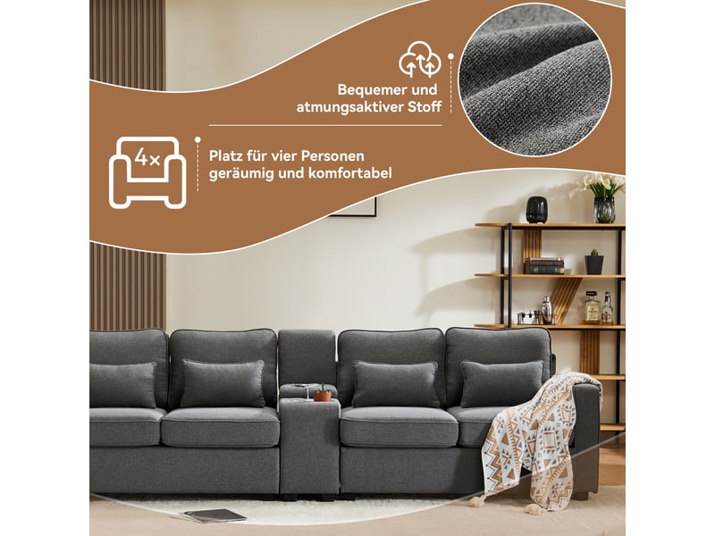  Canapé 4 places en tissu effet lin, avec console, 2 porte-gobelets, 2 ports usb, 4 coussins, 290×83×88 cm  - Conforama E