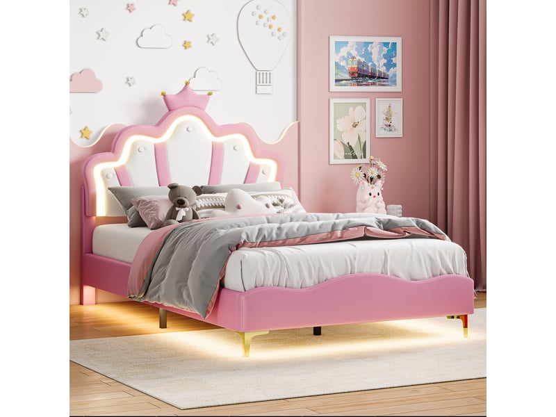 Lit enfant 140x190 cm avec éclairage led et tête de lit réglable en hauteur, tête de lit capitonnée en pu rose, structure de lit avec sommier à lattes - Conforama B