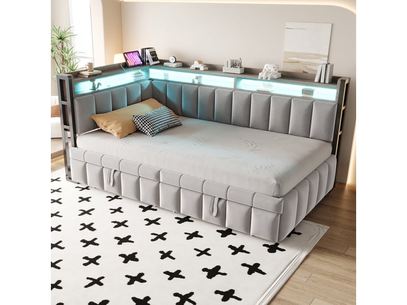  Lit banquette gigogne 90x200cm avec couchage extractible, rangements en tête et au pied, éclairage led, ports usb et type-c, velours, gris clair evarich - Conforama E