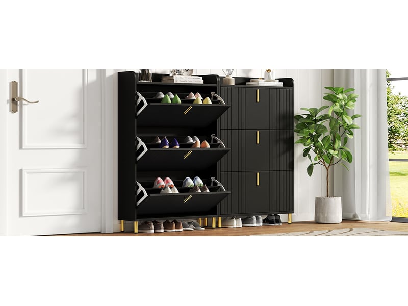  Meuble à chaussures noir mat 80x23x123,5 cm, 3 portes abattantes, rangement 6 niveaux, structure mdf pour entrée  - Conforama W