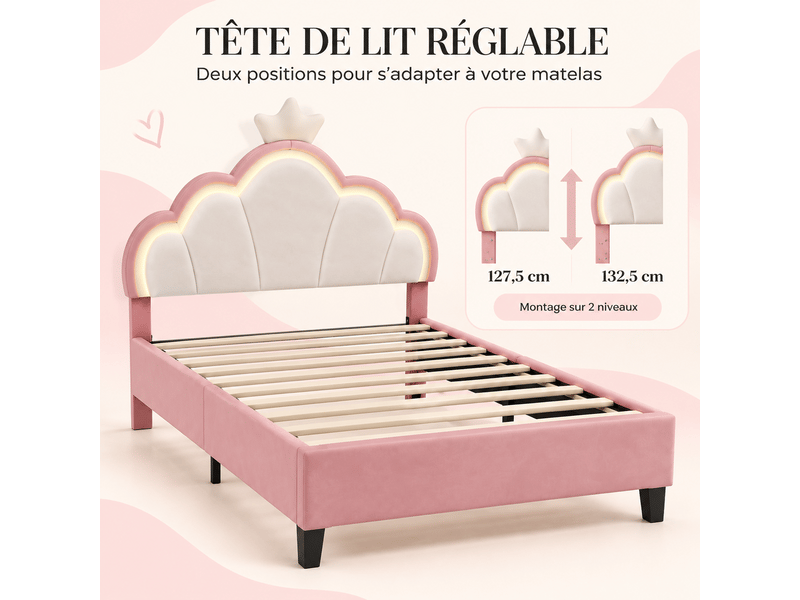 Lit double 140 x 200 cm avec led, lit princesse capitonné avec tête de lit en forme de couronne réglable, lit rembourré avec sommier à lattes, sans matelas, velours, rose - Conforama E