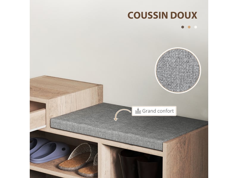 Banc à chaussures 1 tiroir et 3 compartiments, 76,5 x 30 x 52 cm gris, avec coussin rembourrée capacité 5 paires - Conforama R