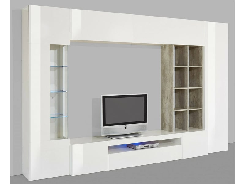 Système mural de salon, made in italy, base de meuble tv et éléments hauts et étagères, ensemble de salon moderne, 290x40h192 cm, blanc brillant et couleur ciment 638 - Conforama E