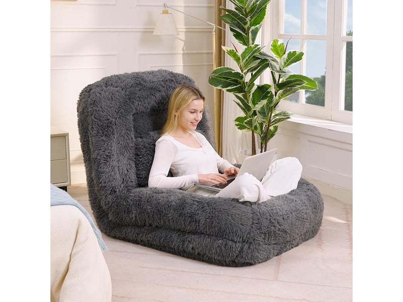  Fauteuil lit de sol inclinable 5 positions 102 x 89 x 88 cm – lit panier géant humain transformable avec coussin lombaire – peluche – anthracite  - Conforama B