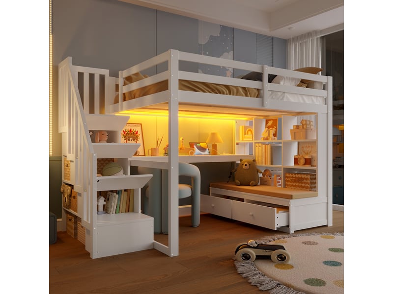  Lit mezzanine enfant 140x200 cm avec bureau intégré, escalier avec rangement, led, étagères et tiroirs, structure en bois - blanc  - Conforama D