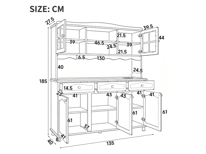  Buffet haut 135x40x185 cm avec led, prises usb-c et usb-a, buffet cuisine avec étagères réglables en panneau de particules - blanc  - Conforama C