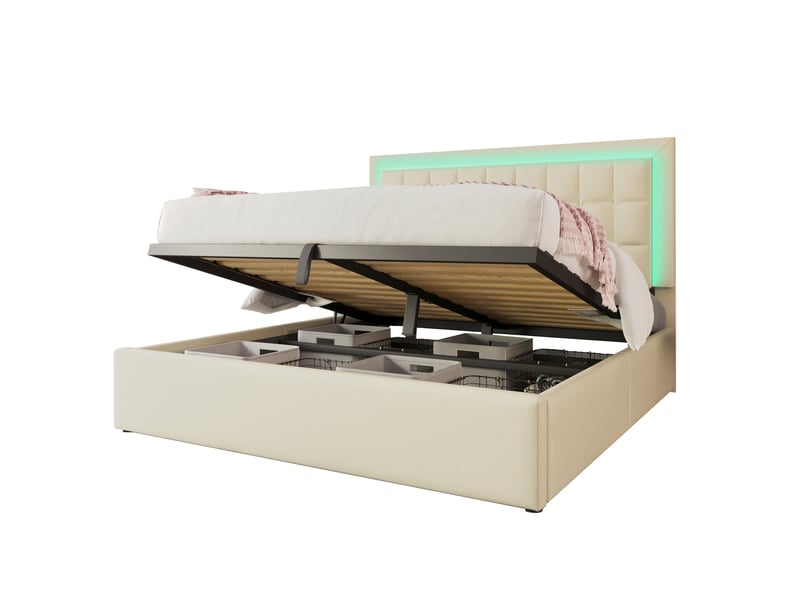  Lit coffre double 160x200 avec sommier, led et rangement hydraulique, avec matelas pour chambre en polyuréthane blanc  - Conforama A