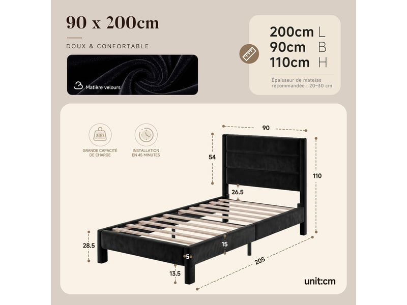  Lit 90x200 cm, cadre de lit rembourré avec sommier à lattes en bois, structure métallique, lit 1 personne, charge maximale 300 kg, noir  - Conforama E