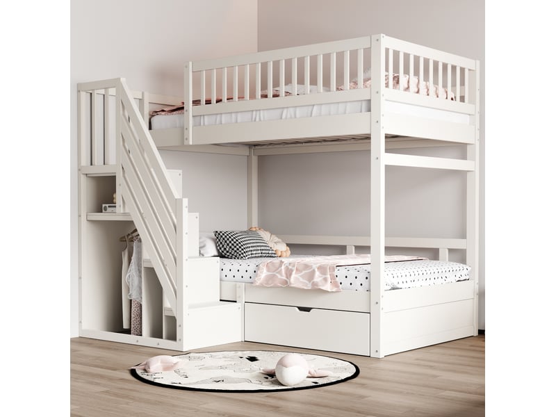  Lit superposé 2 couchages 90x200 cm avec escalier de rangement blanc  - Conforama B