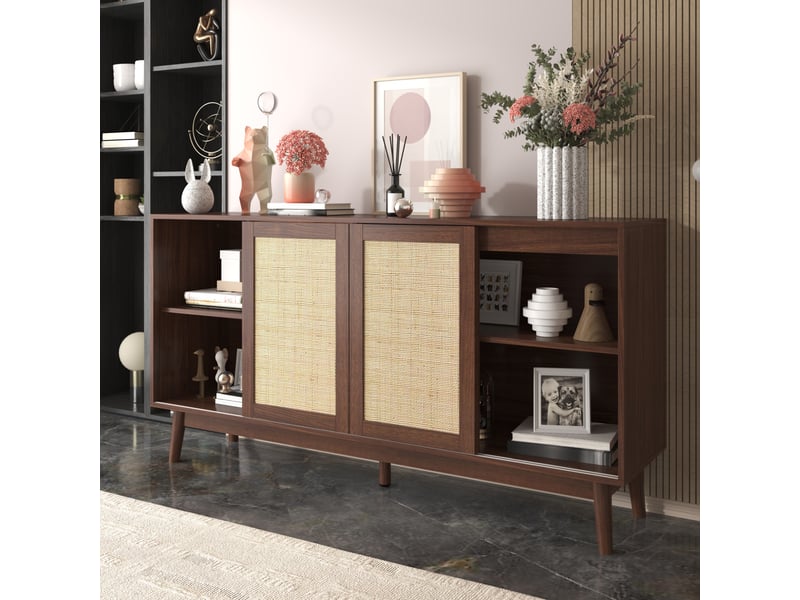  Buffet 155 x 38 x 80 cm bois foncé mdf et panneaux de particules, 3 portes coulissantes et 2 tiroirs  - Conforama E