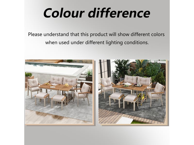  Salon de jardin,6-7 places avec desserte mobile,acacia,beige et naturel  - Conforama E