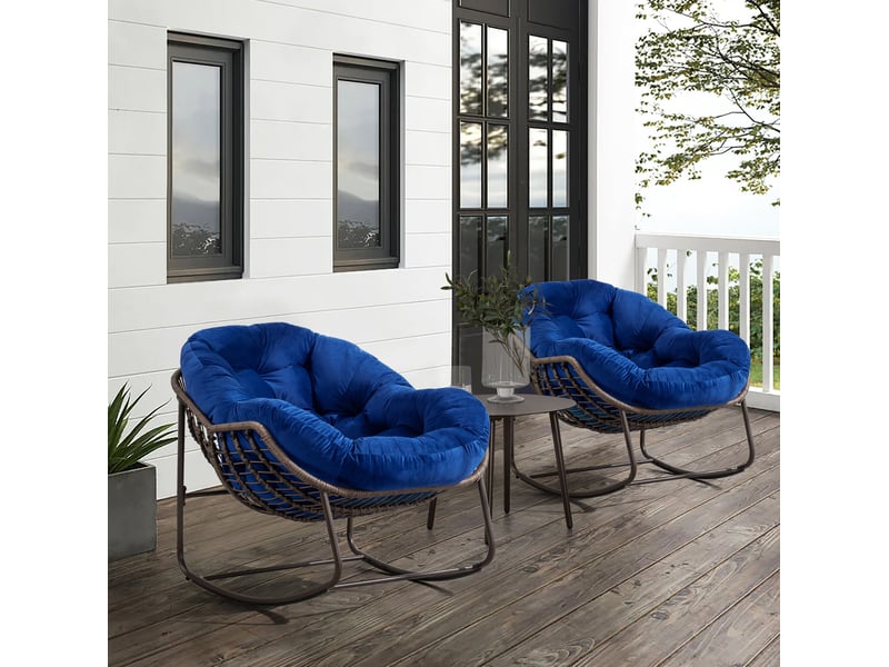 Rocking-chair en rotin avec coussin épais et structure en acier, assise large pour terrasse et jardin, bleu marine - Conforama C