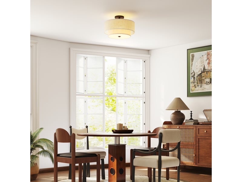  Plafonnier, suspension à double abat-jour aspect lin, blanc crème  - Conforama D