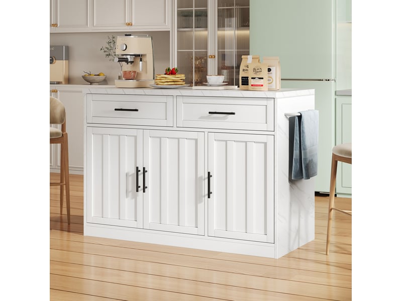 Îlot de cuisine 120x60x91 cm comptoir-bar 20 cm rangements 2 tiroirs 3 portes prises 2 ports usb plan 2,4 cm mdf blanc - Conforama R