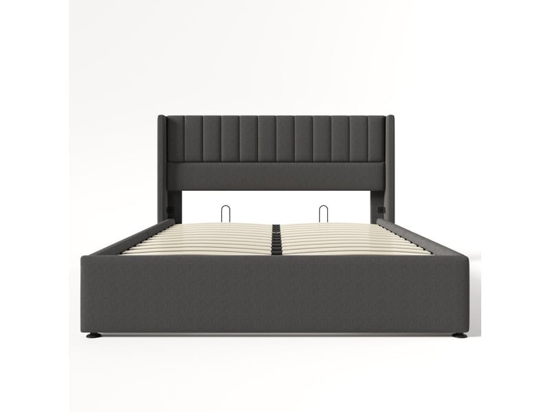  Lit coffre 180x200cm sommier inclus - lit rembourré - lin gris, tête de lit confortable, grand espace de rangement  - Conforama E