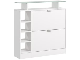 Meuble à chaussures avec 2 tiroirs rabattables 12 paires, plateau en verre et étagères réglables, 89 x 25 x 92 cm, blanc