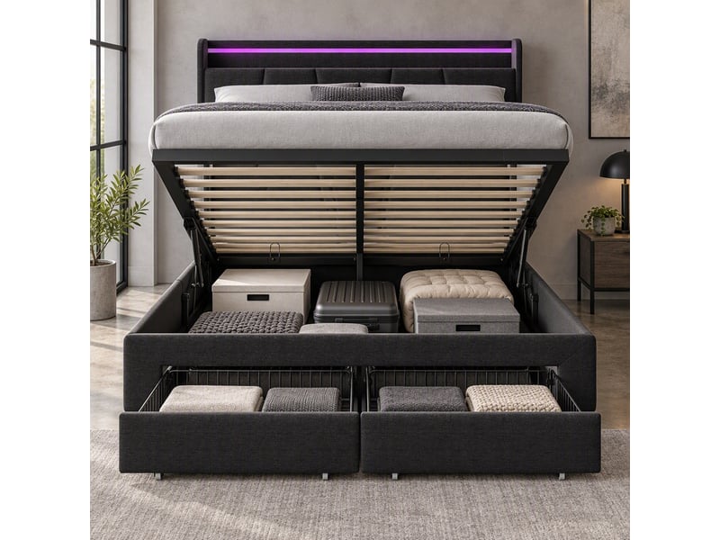  Lit coffre 2 places 140x200 cm avec rangement, lit adulte double, 2 tiroirs, led, port usb, tissu lin gris foncé  - Conforama B