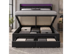 Lit coffre 2 places 140x200 cm avec rangement, lit adulte double, 2 tiroirs, led, port usb, tissu lin gris foncé